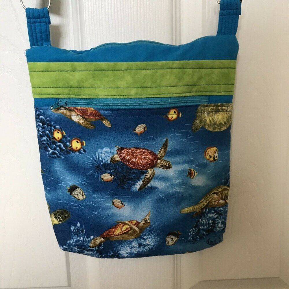 Colorful Sea Turtles Fish Cotton Shoulder Handbag 11" X 9" Blue Green Teal Ocean - Picture 2 of 9